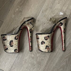 Rare 8” PLEASER Heels Glitter Leopard Print Size:8